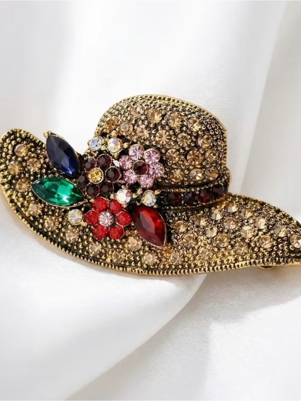vintage alloy brooch rhinestone-encrusted hat adorned colorful floral accents